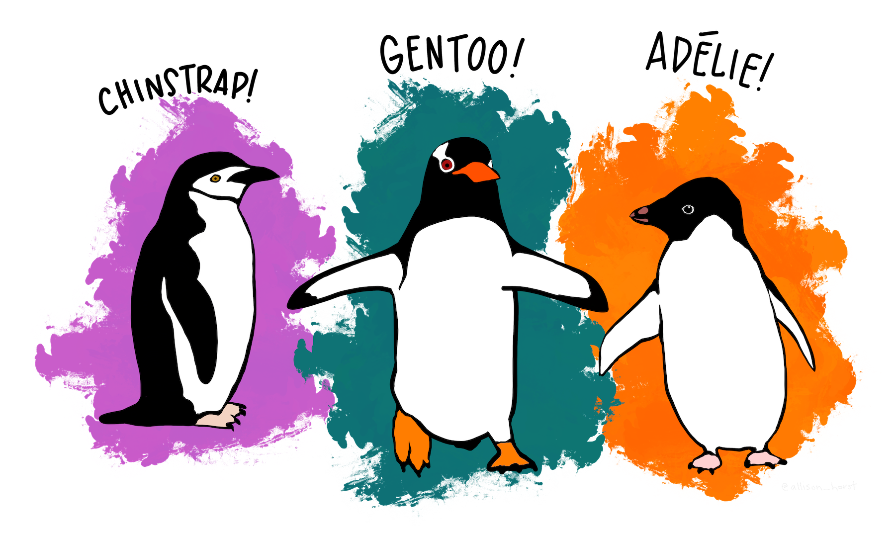 Drawing of three species of penguins to accompany the penguins data by Allison Horst